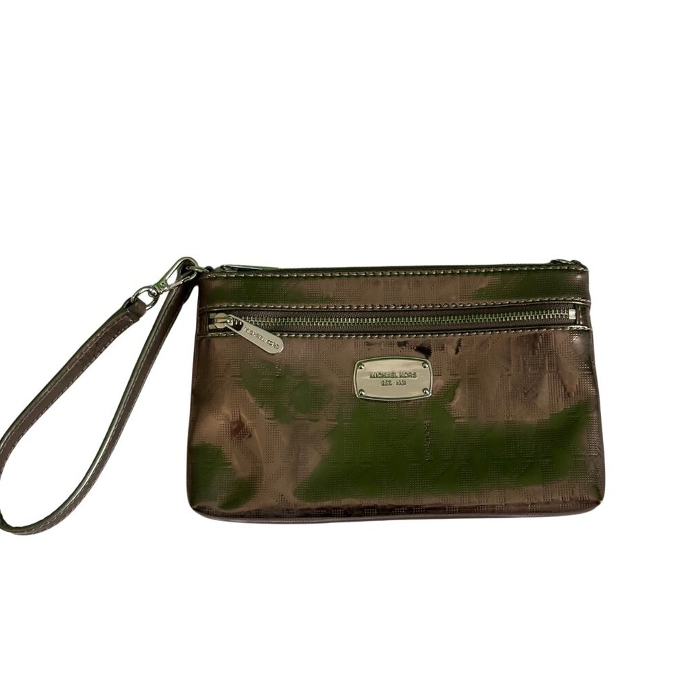 Michael Kors MK Logo Wristlet Bronze Metallic Monogram Zip Clutch Wallet